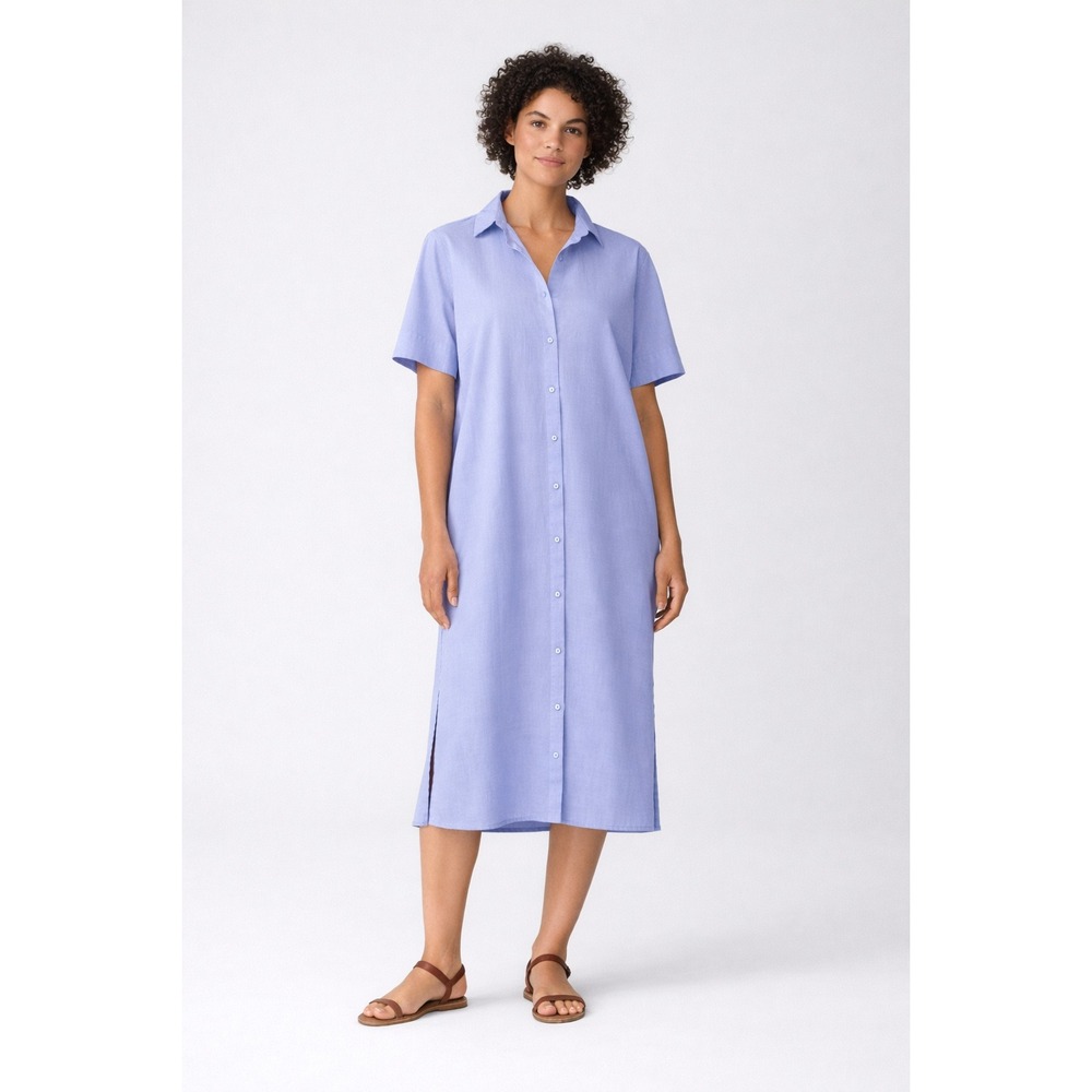Eileen Fisher Organic Cotton Shirt Dress Blue Short Sleeve Button Front S